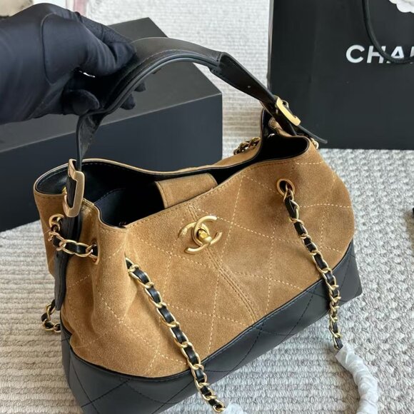 CHANEL Tan Suede and Black Leather Shoulder Bag with Gold Hardware - Picture 3 of 9
